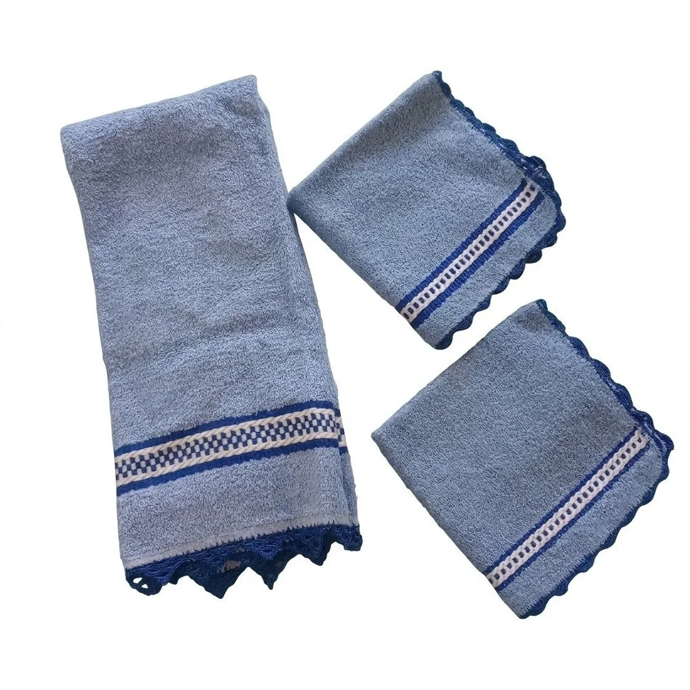 Cannon Vintage Hand Towel & Washcloth (2) Set Blue Crochet Lace Trim MCM Coastal